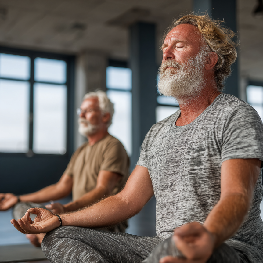 Група възрастни хора практикуват йога